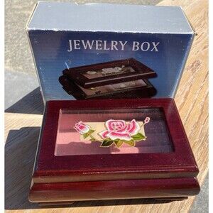 VTG 2001 Mervyn’s Jewelery Box Floral Rose Glass Lid Pink Lining 6”